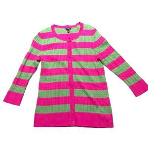 Talbots Striped Cardigan Medium Petite Long Sleeve Pink Green Breton Preppy Fun